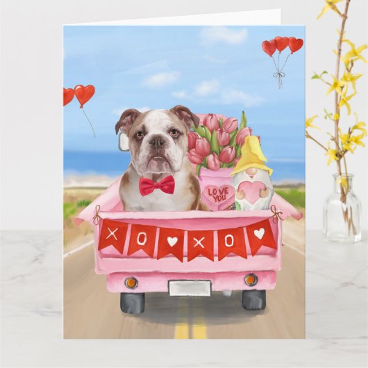 Engelse Bulldog Valentijnsdag Truck Hearts Kaart (Gele Bloem)