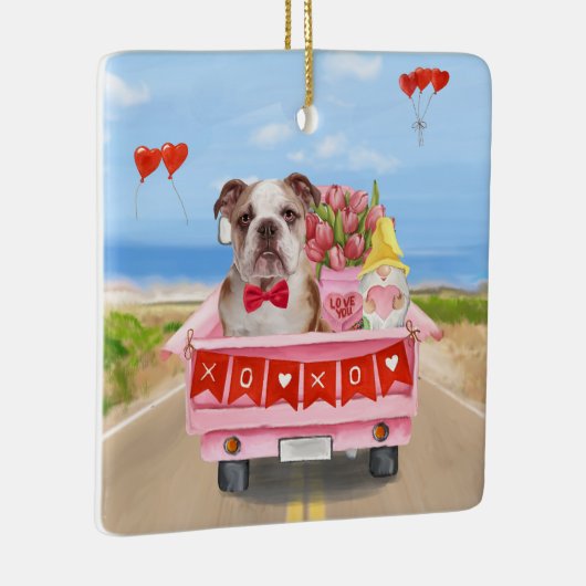 Engelse Bulldog Valentijnsdag Truck Hearts Keramisch Ornament (Rechts)