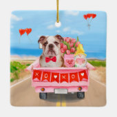 Engelse Bulldog Valentijnsdag Truck Hearts Keramisch Ornament (Achterkant)