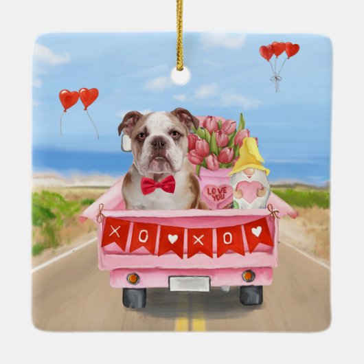Engelse Bulldog Valentijnsdag Truck Hearts Keramisch Ornament (Achterkant)