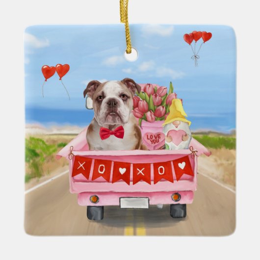 Engelse Bulldog Valentijnsdag Truck Hearts Keramisch Ornament (Voorkant)