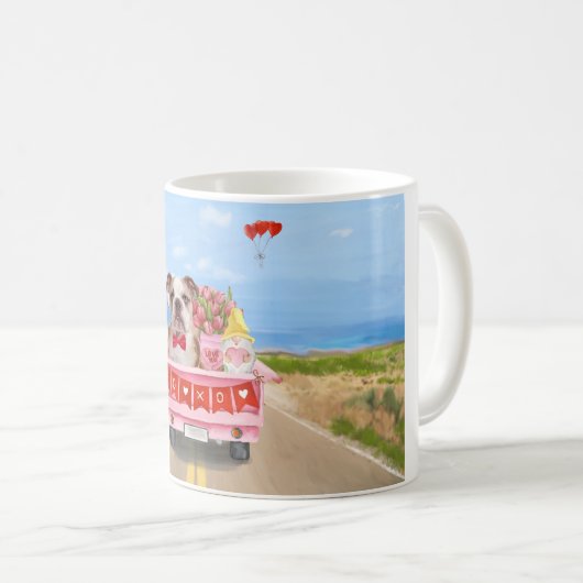 Engelse Bulldog Valentijnsdag Truck Hearts Koffiemok (Voorkant rechts)