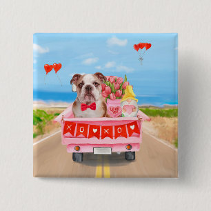 Engelse Bulldog Valentijnsdag Truck Hearts Vierkante Button 5,1 Cm