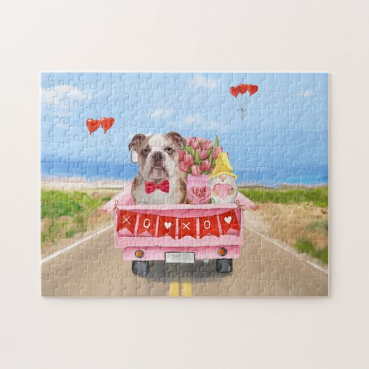 Engelse Bulldog Valentijnsdag Vrachtauto Hartjes Legpuzzel (Horizontaal)