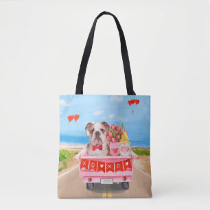 Engelse Bulldog Valentijnsdag Vrachtwagen Hartjes Tote Bag