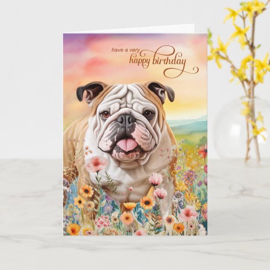 Engelse Bulldog Veldbloemen Verjaardag Kaart (Gele Bloem)