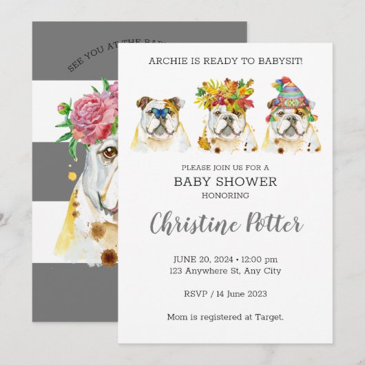 Engelse Bulldog Waterverf Baby shower Invitation Kaart (Voorkant / Achterkant)