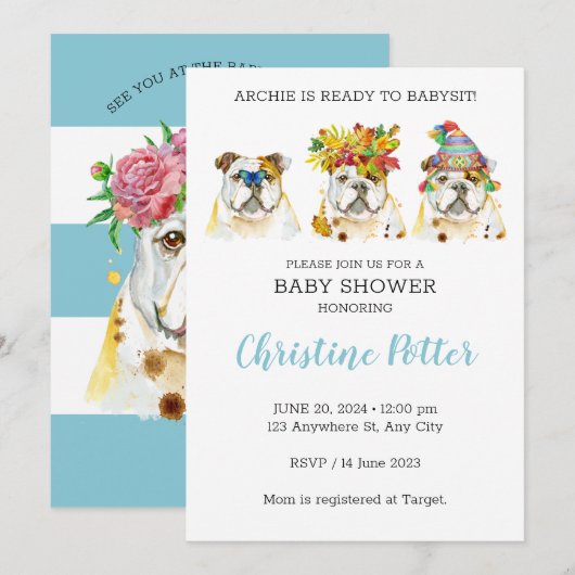Engelse Bulldog Waterverf Baby shower Invitation Kaart (Voorkant / Achterkant)