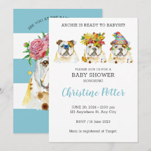 Engelse Bulldog Waterverf Baby shower Invitation Kaart