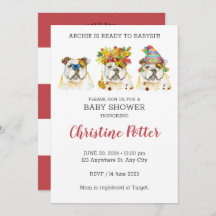 Engelse Bulldog Waterverf Baby shower Invitation