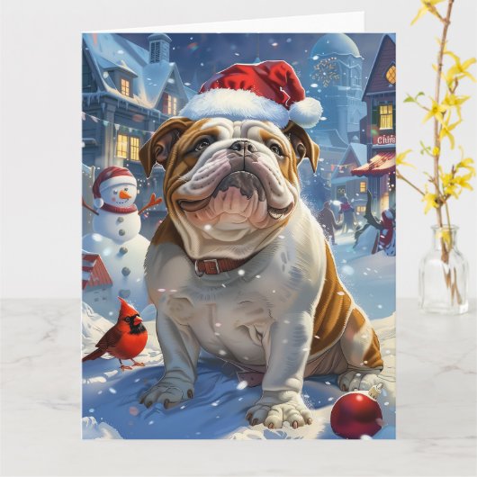 Engelse Bulldog Winter Wonderland Christmas Joy Kaart (Gele Bloem)
