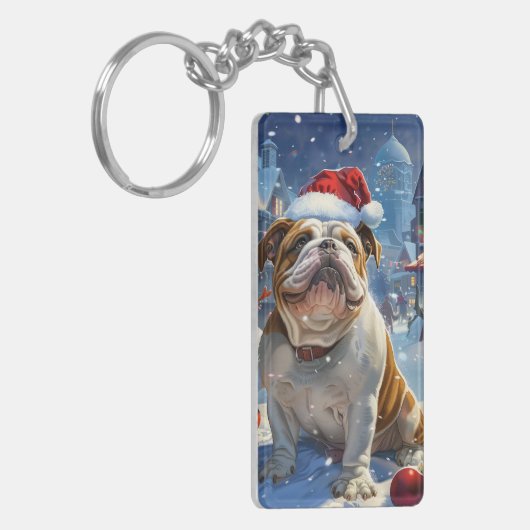 Engelse Bulldog Winter Wonderland Christmas Joy Sleutelhanger (Voorkant Links)