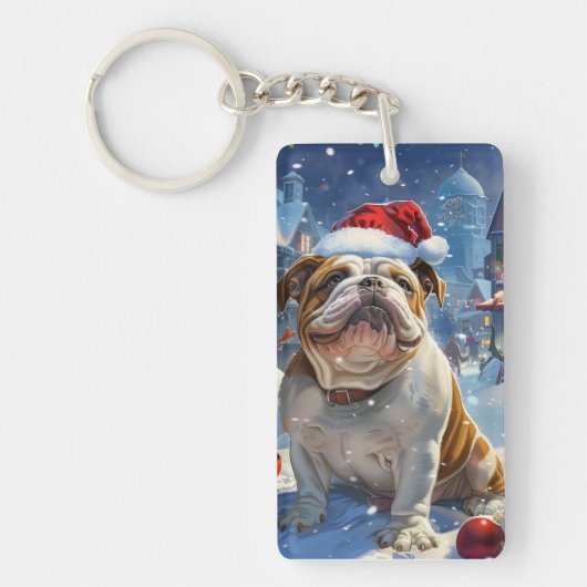 Engelse Bulldog Winter Wonderland Kerstvreugde  Sleutelhanger (Voorkant)