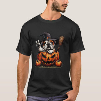 Engelse Bulldog Witch Pumpkin Halloween Mannen Vro T-shirt