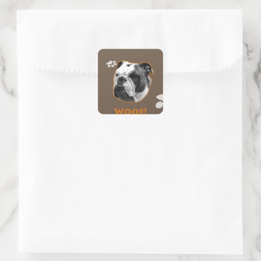 Engelse Bulldog Woof Vierkante Sticker (Tas)