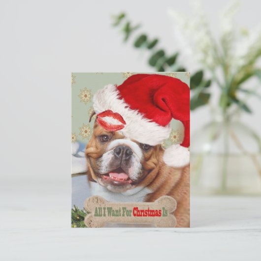 Engelse Bulldog zoent met kerst Feestdagenkaart (Staand voorkant)