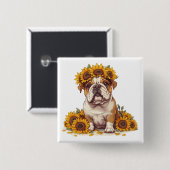 Engelse Bulldog Zonnebloem Kroon Vierkante Button 5,1 Cm (Voorkant /achterkant)