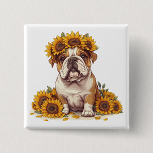 Engelse Bulldog Zonnebloem Kroon Vierkante Button 5,1 Cm