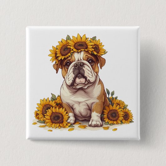 Engelse Bulldog Zonnebloem Kroon Vierkante Button 5,1 Cm (Voorkant)