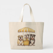 Engelse Bulldogs die een limonade stand runnen Grote Tote Bag (Achterkant)