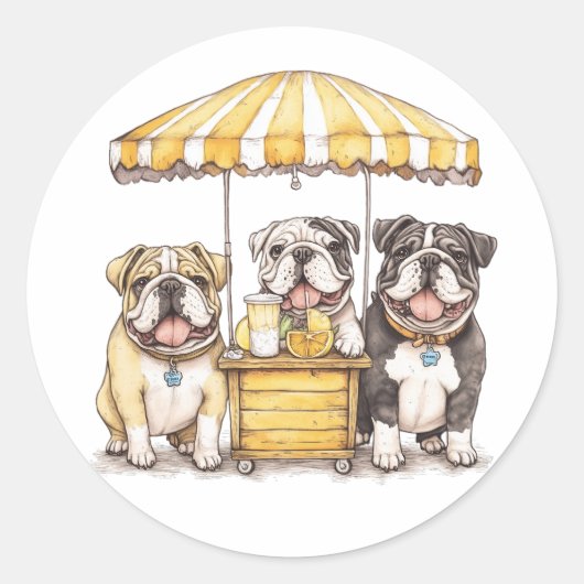 Engelse Bulldogs die een limonade stand runnen Ronde Sticker (Voorkant)