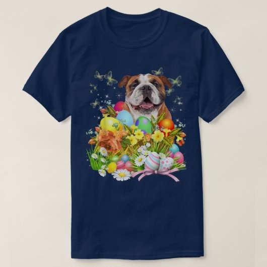 Engelse bulledog Bunny Dog met paasemeieren T-shirt (Design voorkant)