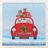 Engelse bulledog in auto met kerstman glazen onderzetter (Voorkant)