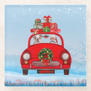 Engelse bulledog in auto met kerstman glazen onderzetter