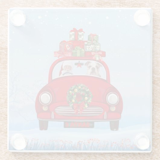 Engelse bulledog in auto met kerstman glazen onderzetter (Achterkant)