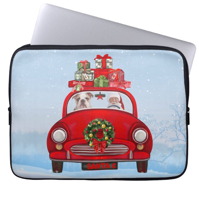 Engelse bulledog in auto met kerstman laptop sleeve (Voorkant)