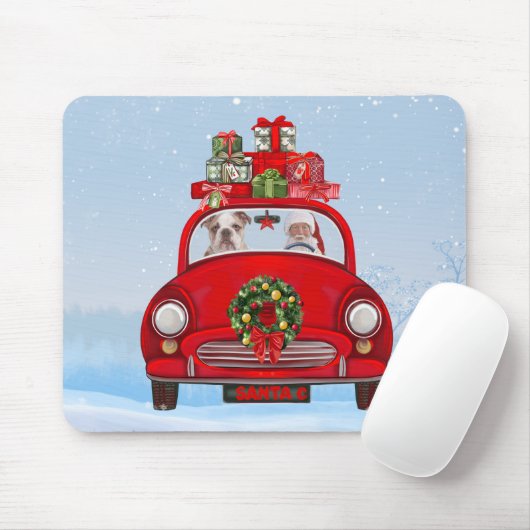 Engelse bulledog in auto met kerstman muismat (Met muis)