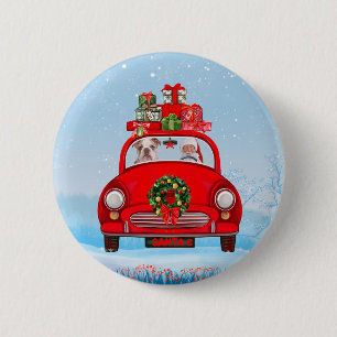 Engelse bulledog in auto met kerstman ronde button 5,7 cm