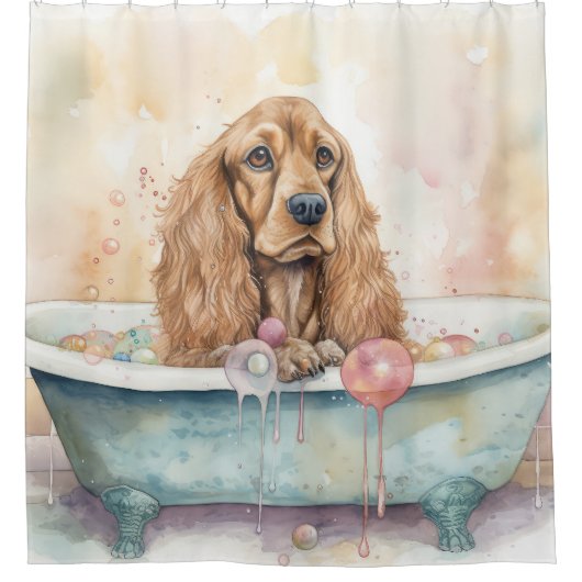 Engelse Cocker Spaniël In Badkuip Waterverf Dog Douchegordijn (Voorkant)