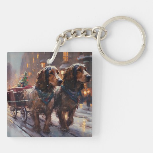 Engelse Cocker Spaniel Kerst Feestelijke Periode Sleutelhanger (Achterkant)