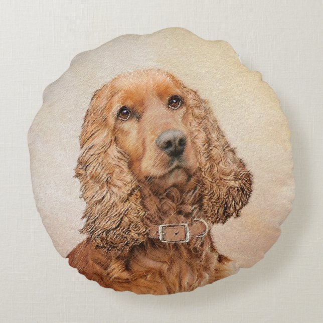 Engelse Cocker Spaniel Paining - Originele Dog Art Rond Kussen (Achterkant)