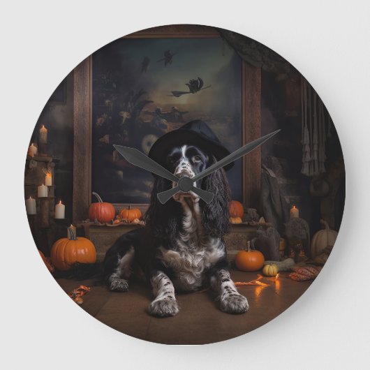 Engelse Cocker Spaniel Pompoenen Halloween Griezel Grote Klok (Voorkant)