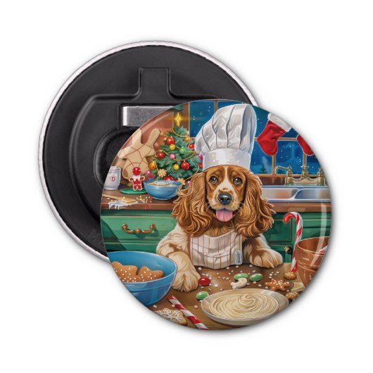 Engelse Cocker Spaniel Vakantie Bakken: Kerstmis Button Flesopener (Voorkant)