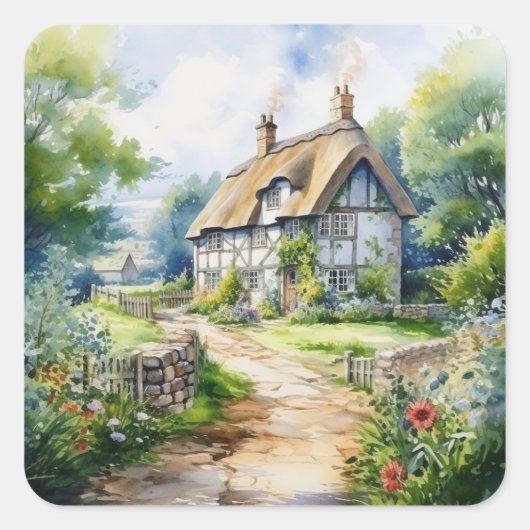 Engelse Cottage Vierkante Sticker (Voorkant)