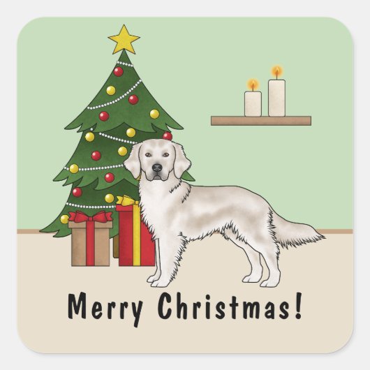 Engelse Cream Golden Retriever met kerstboom Vierkante Sticker (Voorkant)