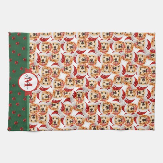 Engelse crème Golden Monogram kersthond Theedoek (Horizontaal)