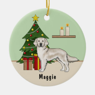 Engelse Crème Golden Retriever met Kerstboom Keramisch Ornament