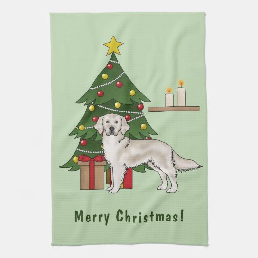 Engelse Crème Goud Retriever met Kerstboom Theedoek (Verticaal)