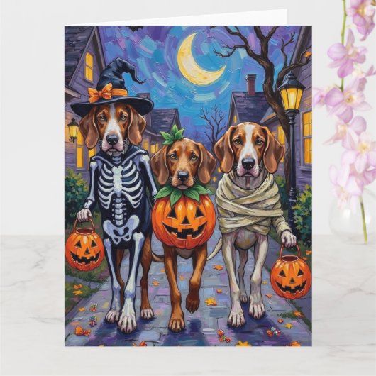 Engelse Foxhound Dogs Trick-or-Treating Halloween Kaart (Orchidee)