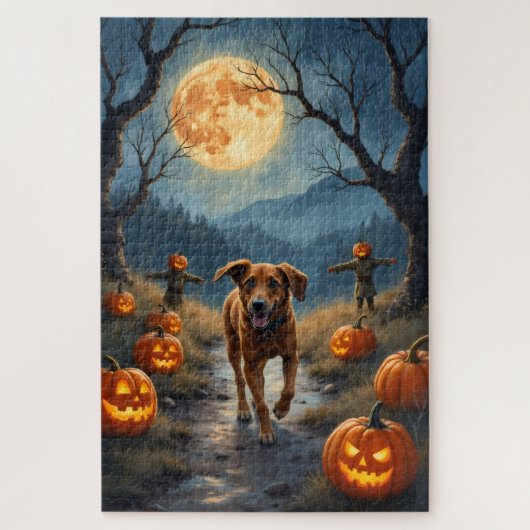 Engelse Foxhound Maanverlichte Halloween Trail Kun Legpuzzel (Verticaal)