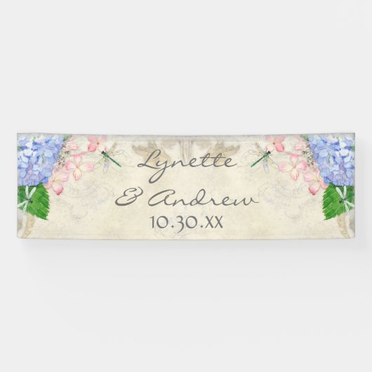 Engelse Garden Blue Hydrangea Dragonfly Waterverf Spandoek (Horizontaal)