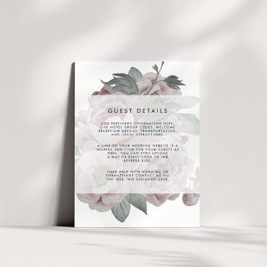 Engelse Garden Floral Wedding Guest Details Informatiekaartje