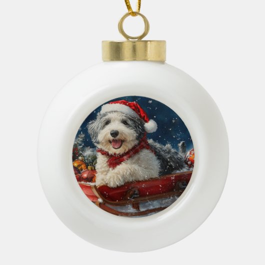 Engelse herdershond in Sledge Let It Snow Christma Keramische Bal Ornament (Voorkant)
