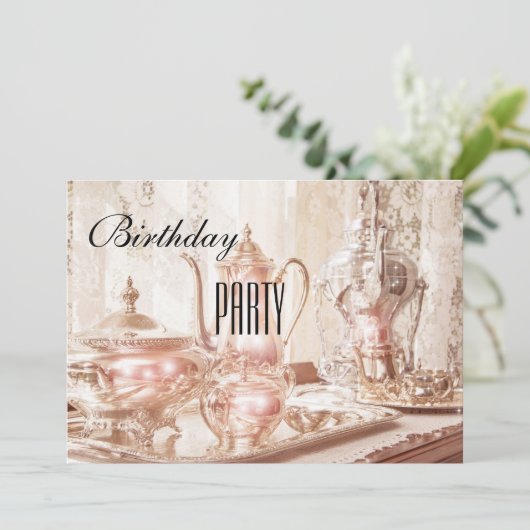 Engelse High Tea verjaardagsfeestje uitnodiging (Staand voorkant)