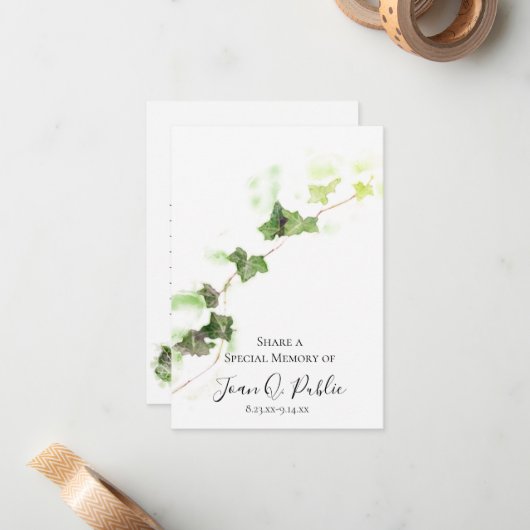 Engelse Ivy Vine Waterverf Share Memory begrafenis Notitiekaartje (Voorkant / Achterkant in situ)