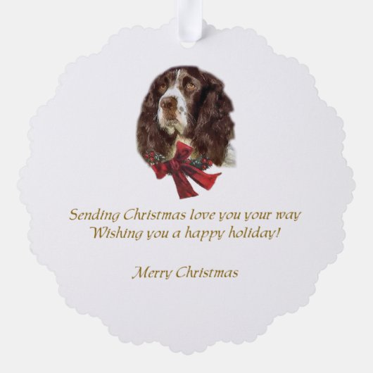 Engelse kerstcadeautjes met Springer Spaniel Ornament Kaart (Achterkant)